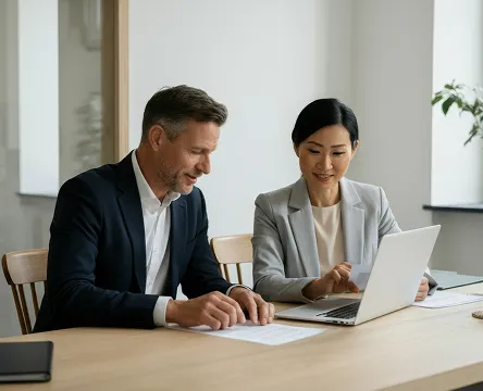 Two professionals sitting at a table reviewing documents with a laptop in an office.