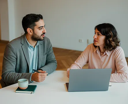 Man and woman sitting at a table with a laptop, engaged in a discussion.
