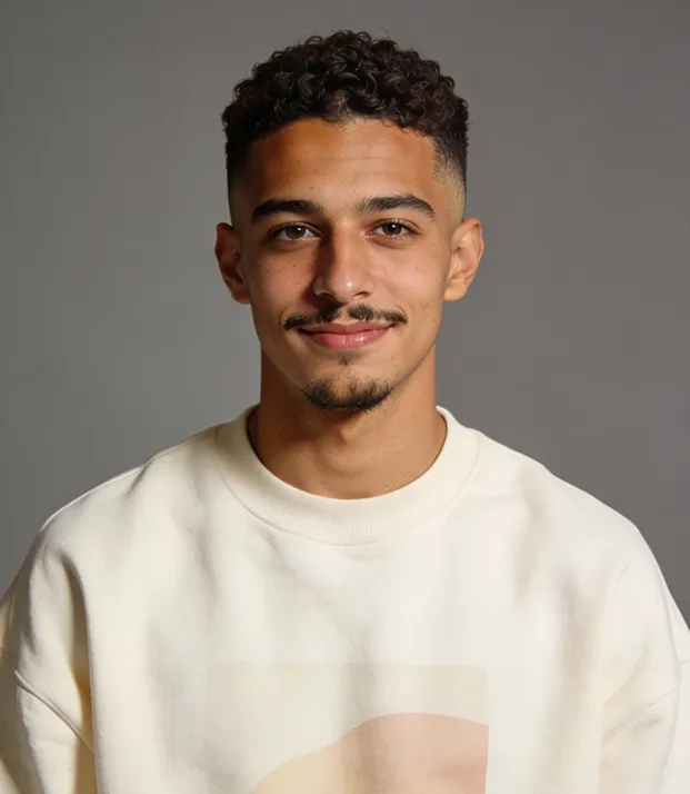 Young man with curly hair and light mustache smiling, wearing a white sweatshirt against gray background.