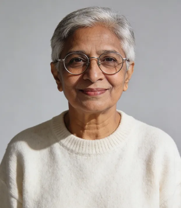 Smiling elderly woman with short gray hair and glasses wearing a white sweater.