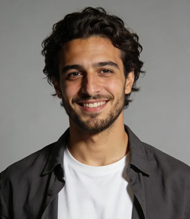 Smiling man with curly dark hair and beard, wearing white shirt and dark open button shirt.