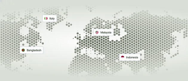 Hexagonal pattern world map with labels for Bangladesh, Italy, Malaysia, and Indonesia.