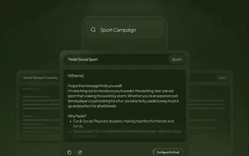 Digital interface showing a message draft for a Padel social sport campaign introducing the sport and its benefits.