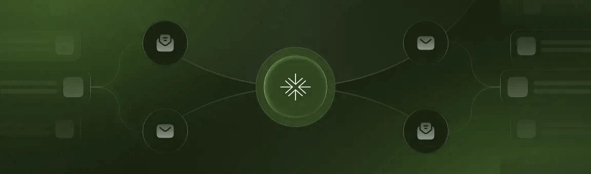 Central icon connected to four icons representing mail and user envelopes on a dark blue background.