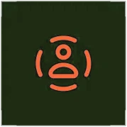 Orange stylized speaker or sound waves icon on a dark blue background.