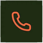 Orange telephone handset icon on a dark blue square background.