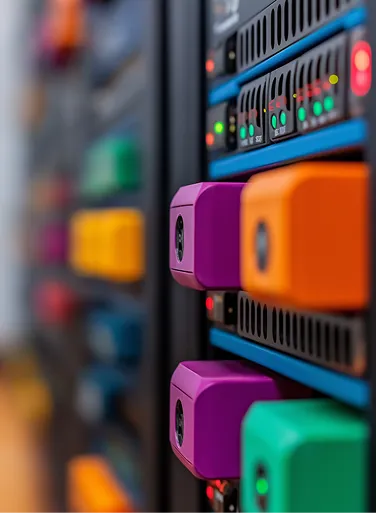 Close-up of colorful, purple, orange, and green storage device units in a server rack with glowing indicator lights.