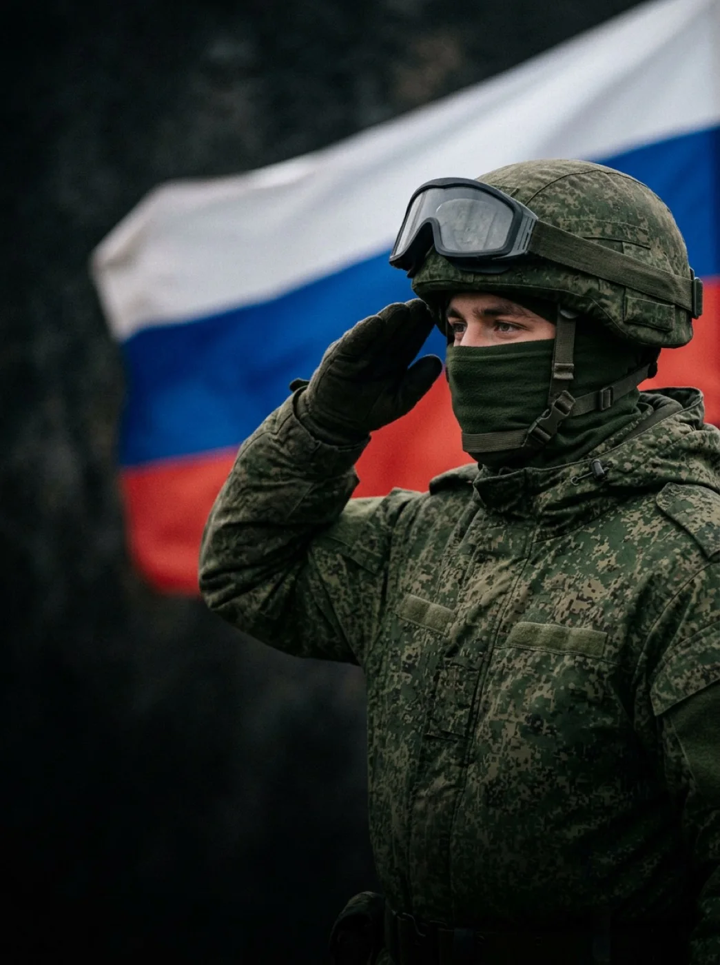 Военнослужащий по контракту на фоне флага России